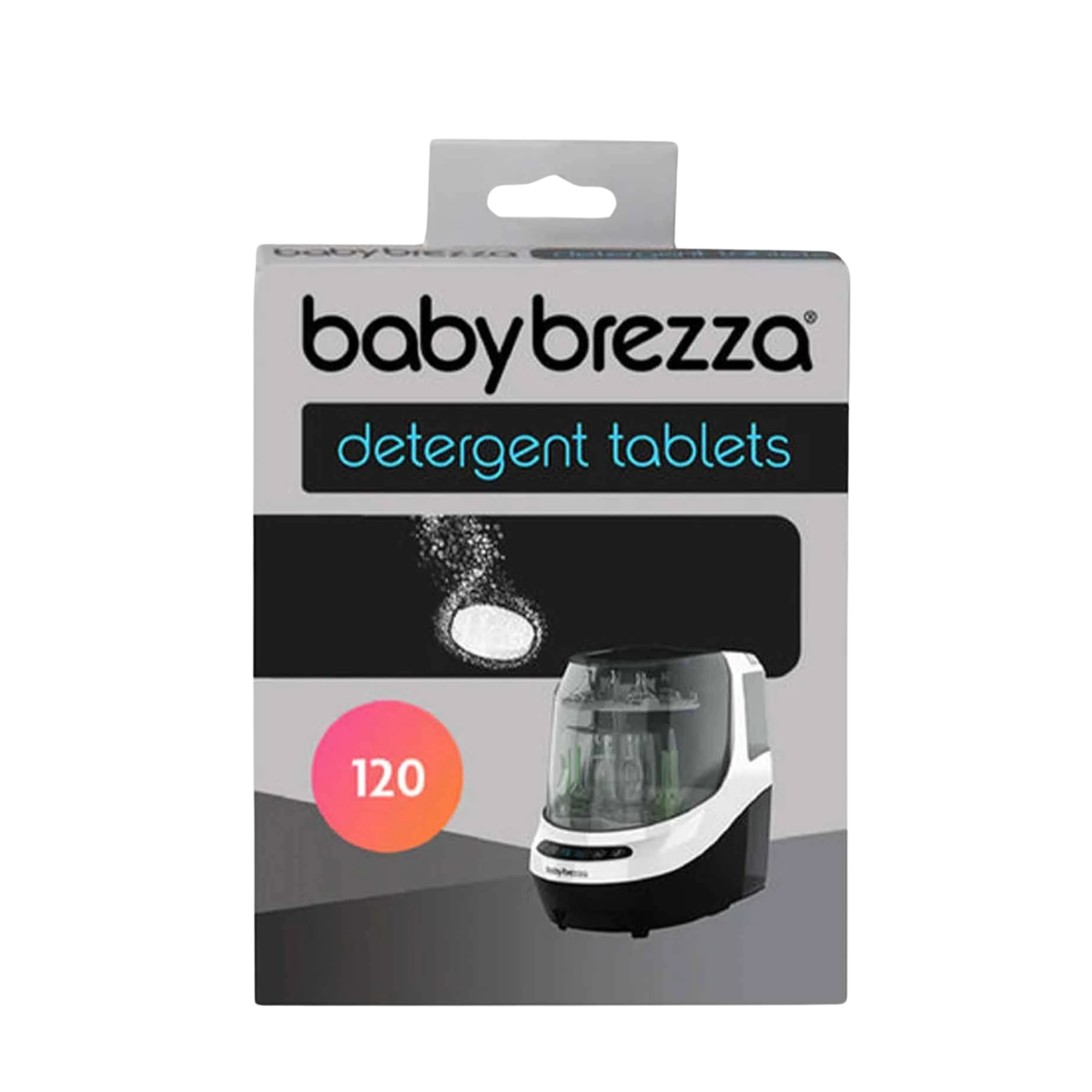 A box of Baby Brezza Detergent Tablets for Bottle Washer Pro with a count of 120 tablets. The packaging is predominantly white and black with a visible Baby Brezza logo and an image of the bottle washer machine.