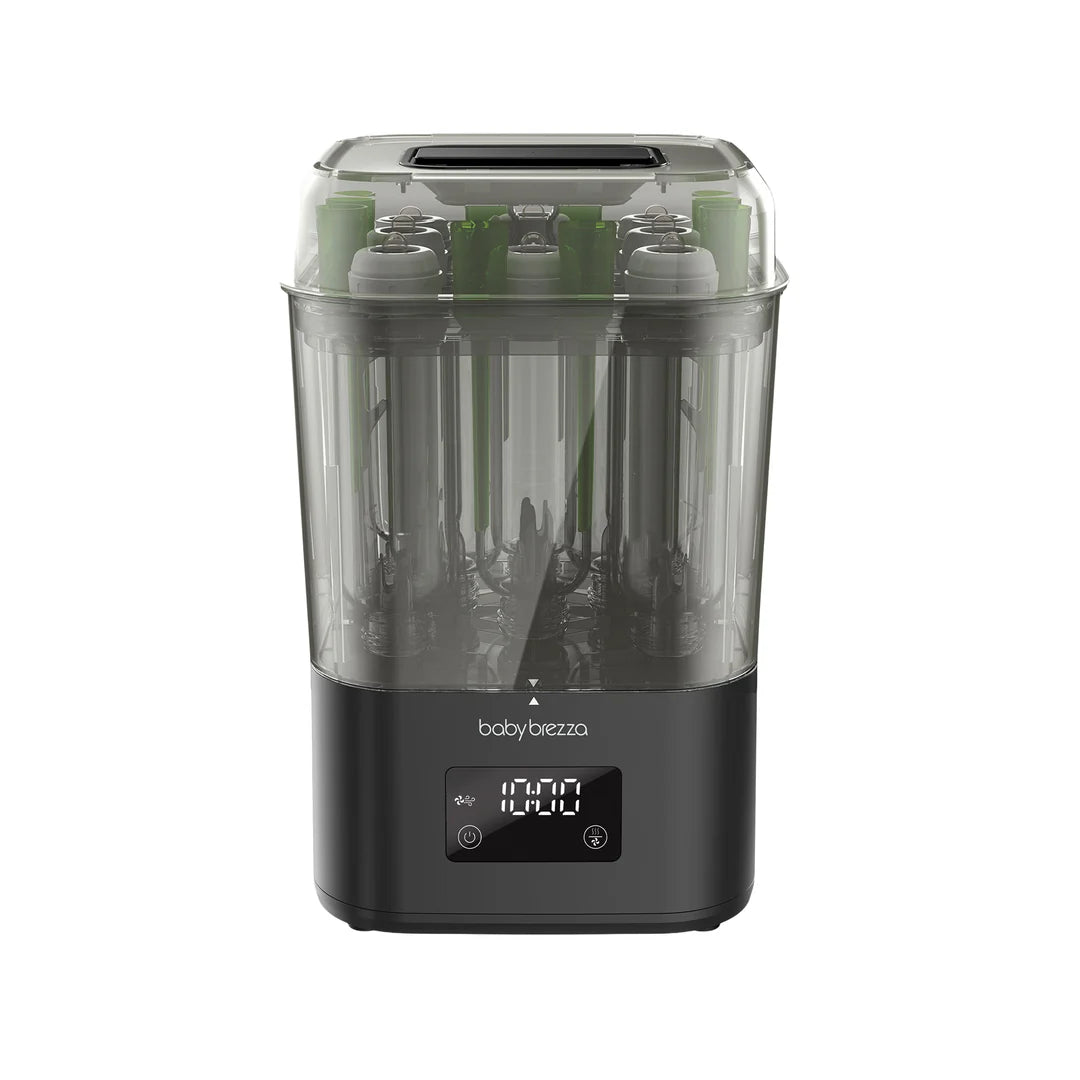 Baby bottle sterilizer with digital display on a white background
