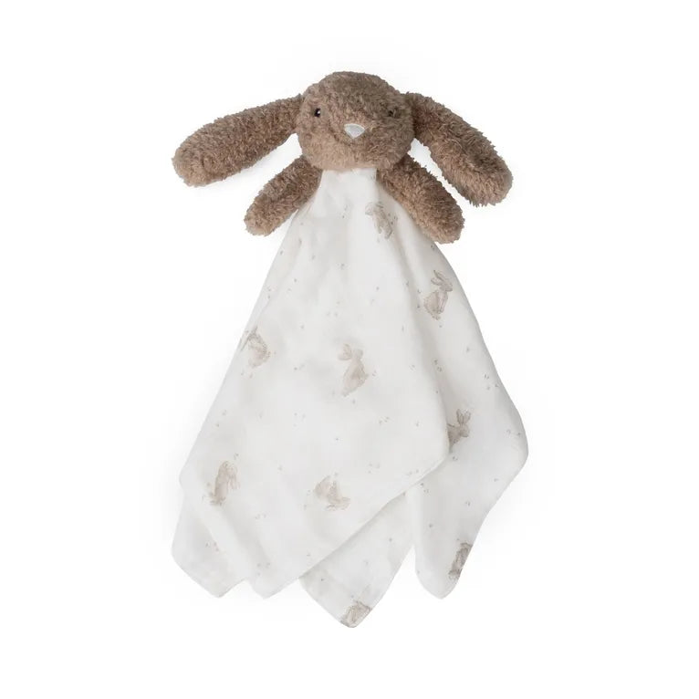 A plush bunny comforter featuring a brown plush bunny head with floppy ears and a white fabric body printed with small beige bunny motifs, shown on a plain white background.