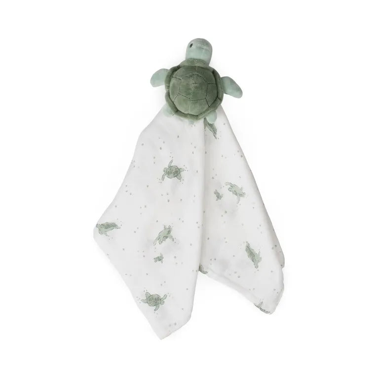 Baby comfort blanket with turtle toy on a white background