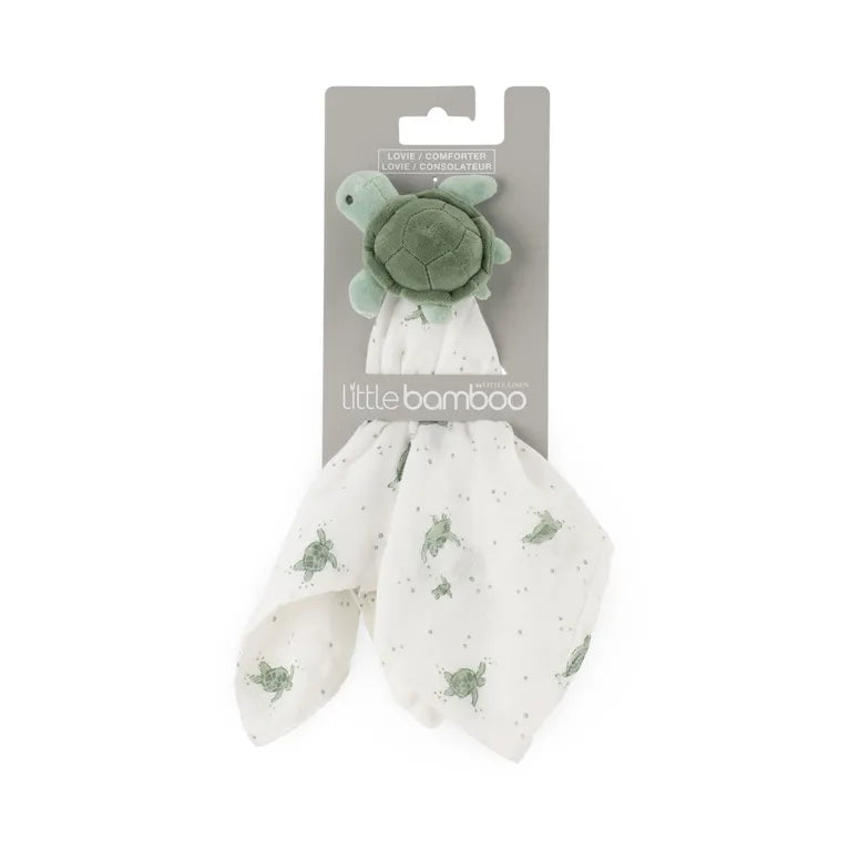 Baby comfort blanket with turtle toy on a white background, branded 'little bamboo'.