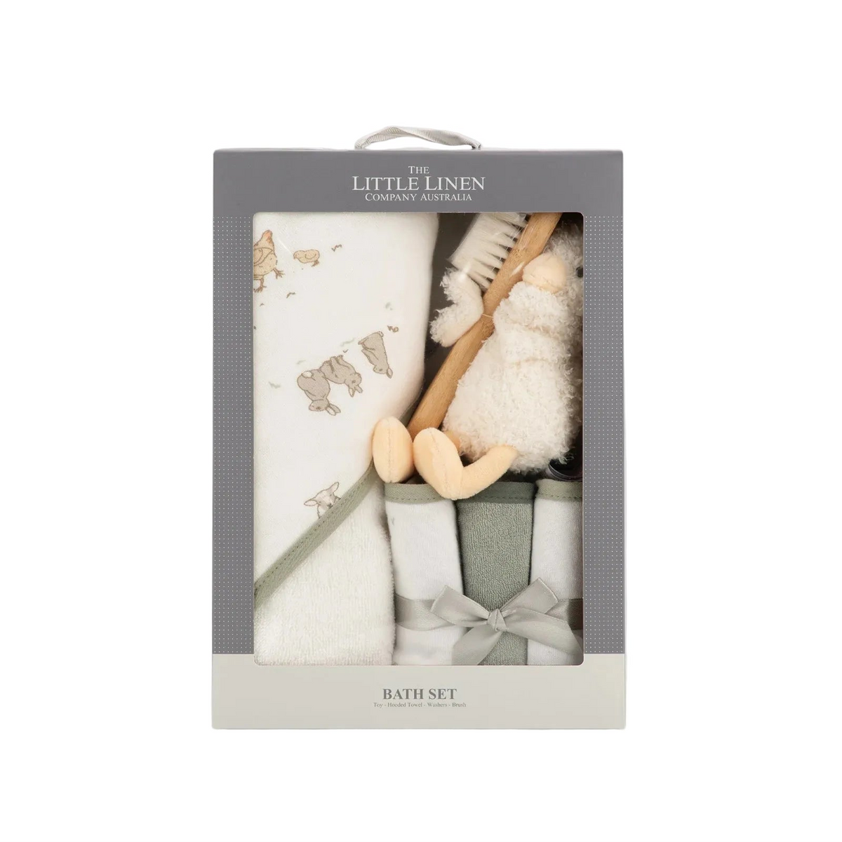 Baby bath set in packaging with 'The Little Linen Company' branding on a light gray background