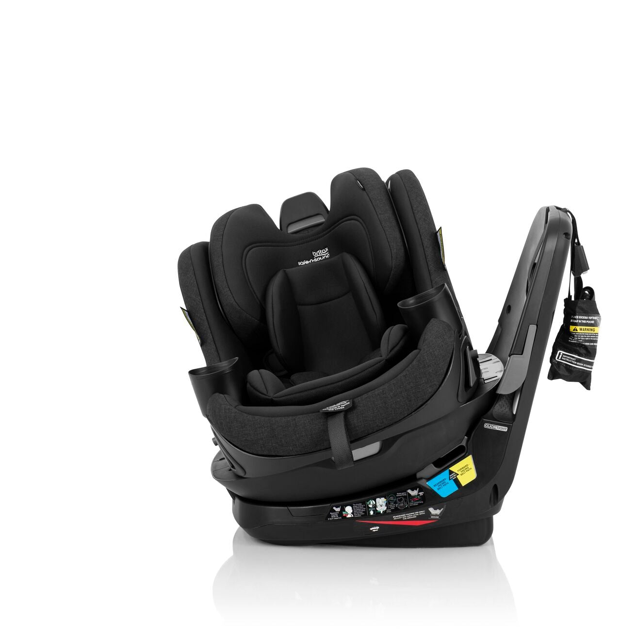 A black infant car seat with a matching base and harness system, photographed from a three-quarters angle on a clean white background.