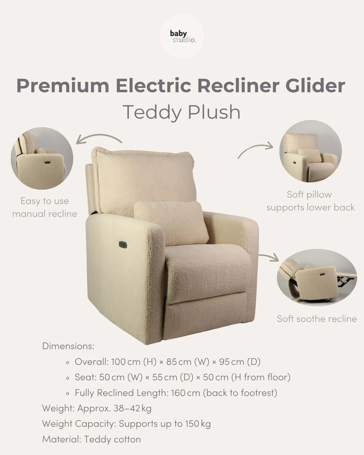 Babystudio Premium Electric Recliner Glider - Teddy Creme Plush