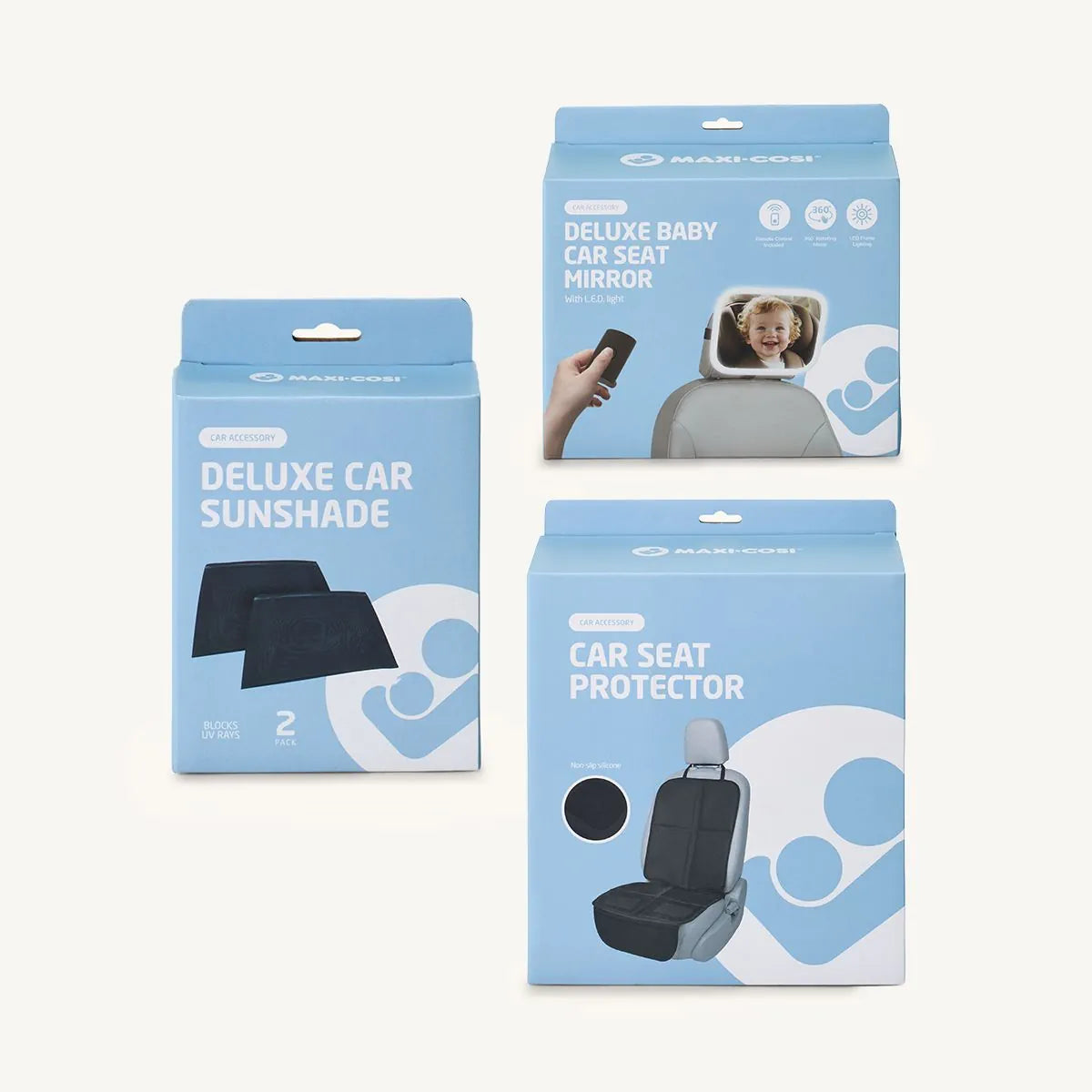 Maxi Cosi Deluxe Baby Car Seat Mirror with L.E.D Light, Seat Protector and Car Sunshade