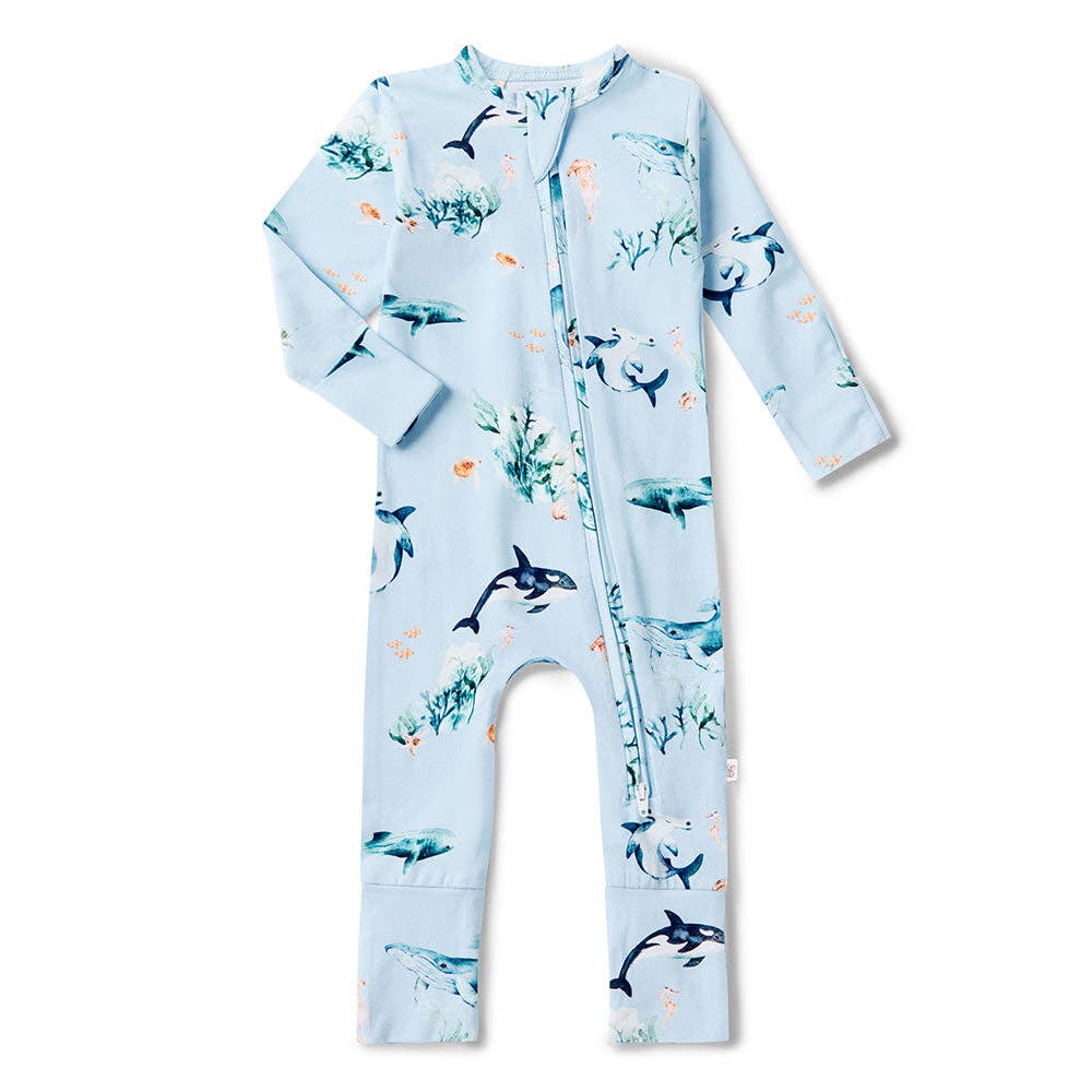 Snuggle Hunny - Blue Ocean Organic Snugglesuit Convertible Romper - 0-3 Months (000) 