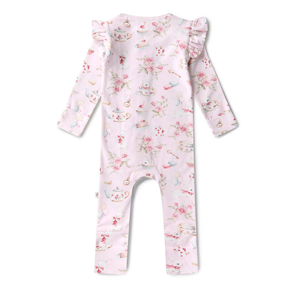 Snuggle Hunny - Alice’s Tea Party Organic Snugglesuit Convertible Romper with Frill - 3-6 Months (00)