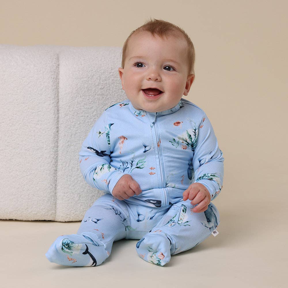 Snuggle Hunny - Blue Ocean Organic Snugglesuit Convertible Romper - 0-3 Months (000) 