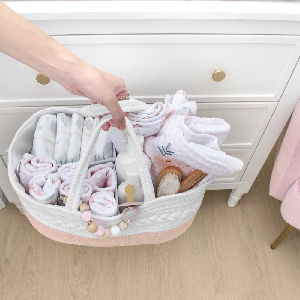 Living Textiles Cotton Rope Nappy Caddy - Blush/White - Tiny Tots Baby Store 